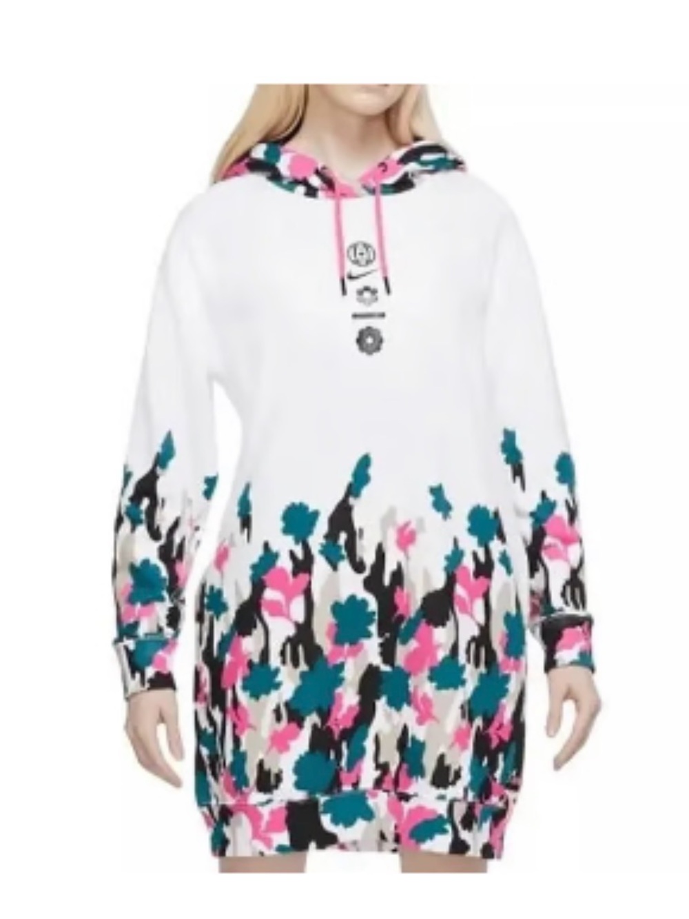 Nike Womens Essential Fleece Floral Hoodie Dress with Teal & Pink Print